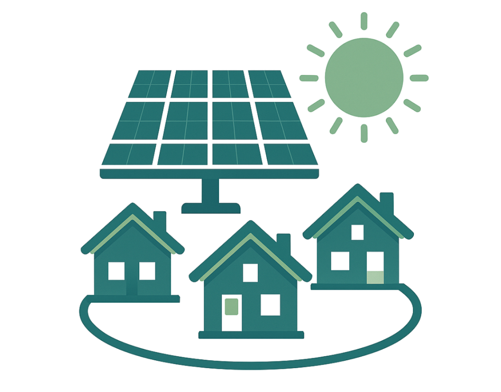 "Ilustración vectorial de autoconsumo compartido: tres viviendas conectadas a una instalación solar común bajo un sol brillante, con el texto 'Autoconsumo compartido' en la parte inferior."