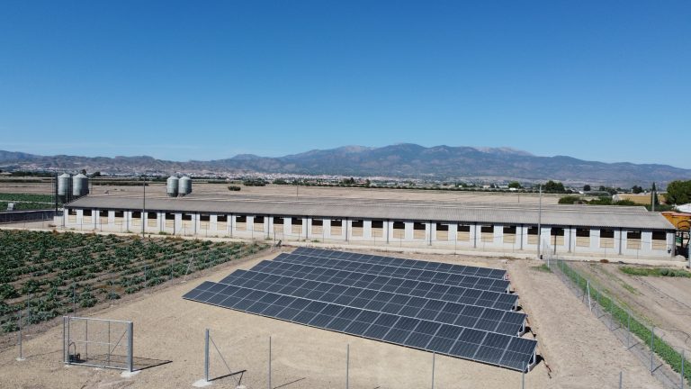 Paneles solares instalados para alimentar sistema de riego agrícola en Totana.
