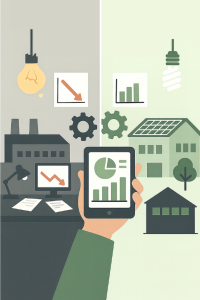 Ilustración sobre gestión energética en empresas, comparando el impacto negativo del consumo ineficiente frente a los beneficios de la energía renovable y el control digital de recursos.