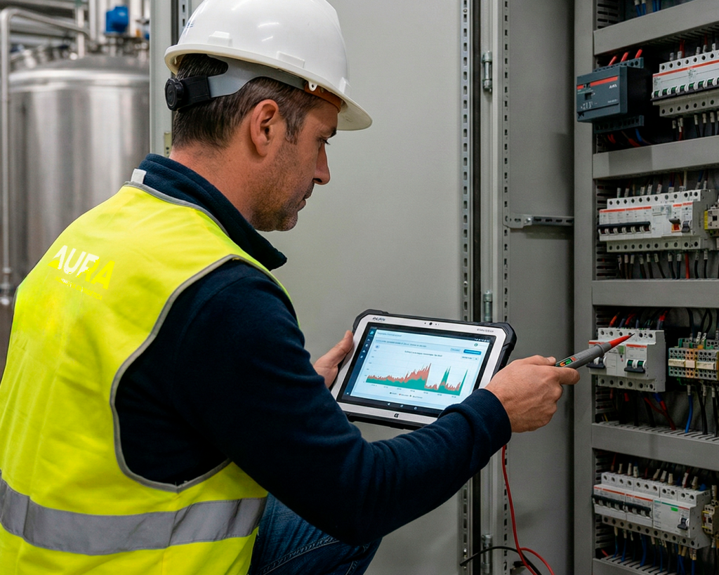Ingeniero de Aura Ingeniería con chaleco corporativo analizando datos de consumo con una tablet en un cuadro eléctrico industrial para detectar ahorros.