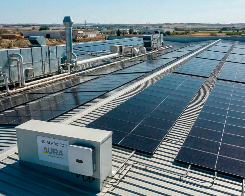 Cubierta de nave industrial con instalación de placas solares fotovoltaicas monocristalinas de última generación y alta eficiencia para autoconsumo, proyecto de Aura Ingeniería.