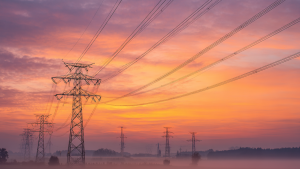 Torres de la red de distribución eléctrica en una zona rural al amanecer.