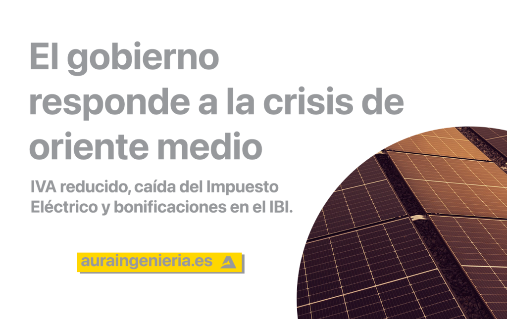 Real Decreto-ley 7/2026 de Aura Ingeniería. Texto en pantalla sobre respuesta del Gobierno a la crisis de Oriente Medio y medidas fiscales como IVA reducido, bajada del Impuesto Eléctrico y bonificaciones del IBI, con paneles solares.