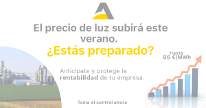Gráfico de tendencia alcista en el precio de la luz para verano junto a una instalación industrial, promoviendo medidas de ahorro energético para empresas.
